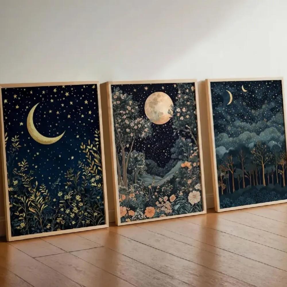 Optional Wooden Frame William Morris Artistic Canvas Art Prints Floral Boho Print 3pcs Gold Decor Decoration Moon Poster Night Sky Botanical Floral Wall Artwork for Bedroom