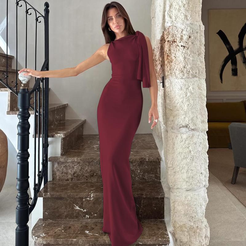 Knotted One Shoulder Mermaid Dress Women's 2025 Summer & Fall New Sleeveless Maxi Bodycon Dress for Ladies Evening Party Club Dating Elegant Dresses Clothes Outfits