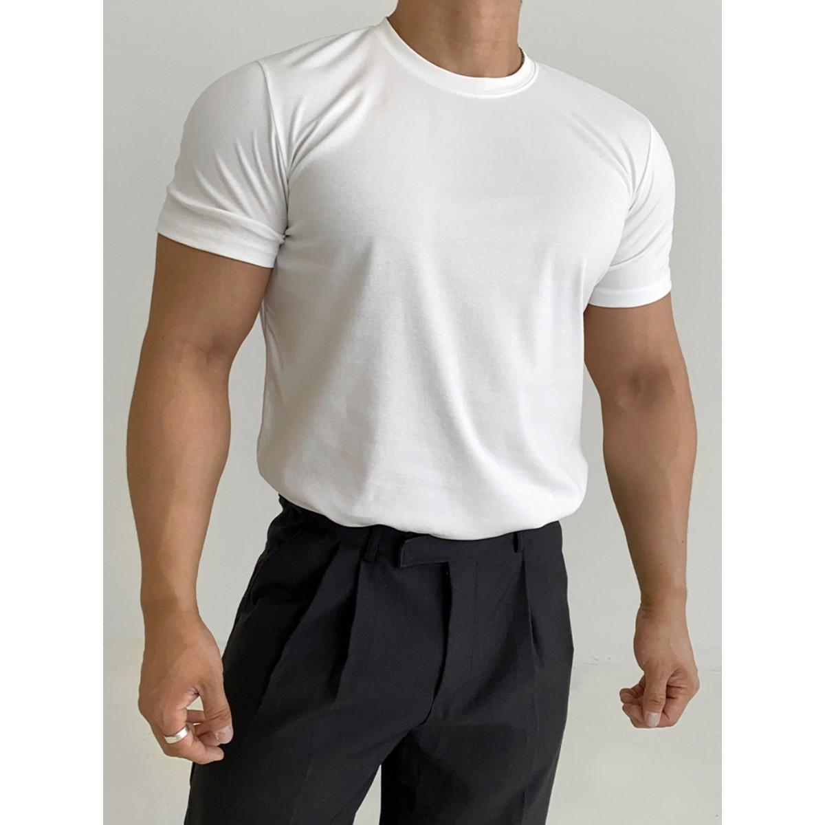 Raw Street Wear Large Size Fitness T-shirt Men's Fashion Classic Solid Color Round Neck Short Sleeve Universal for Couples in All Seasons
