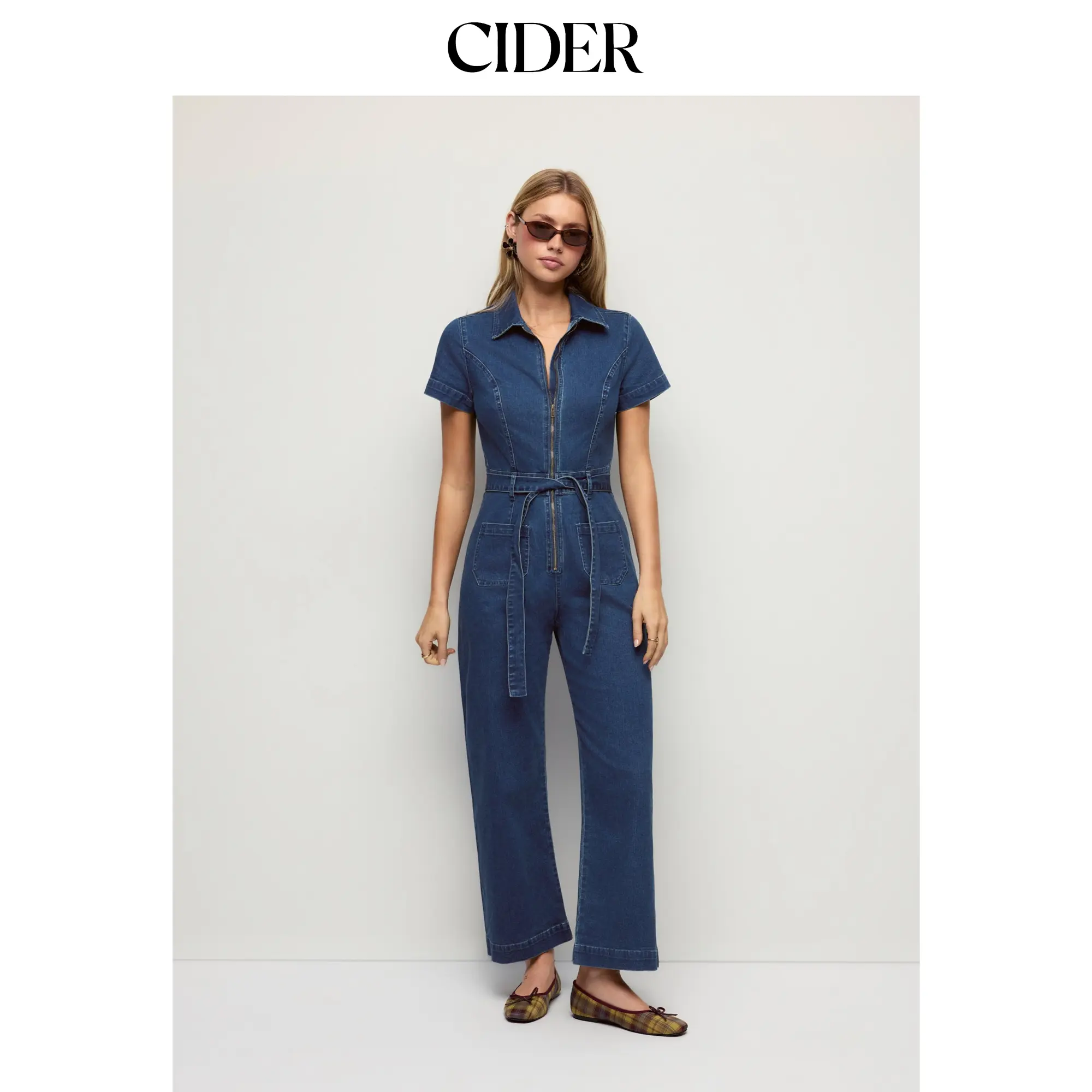 Cider Stretch Denim Zip Through Washed Mid Rise Belted Straight Leg Jumpsuit