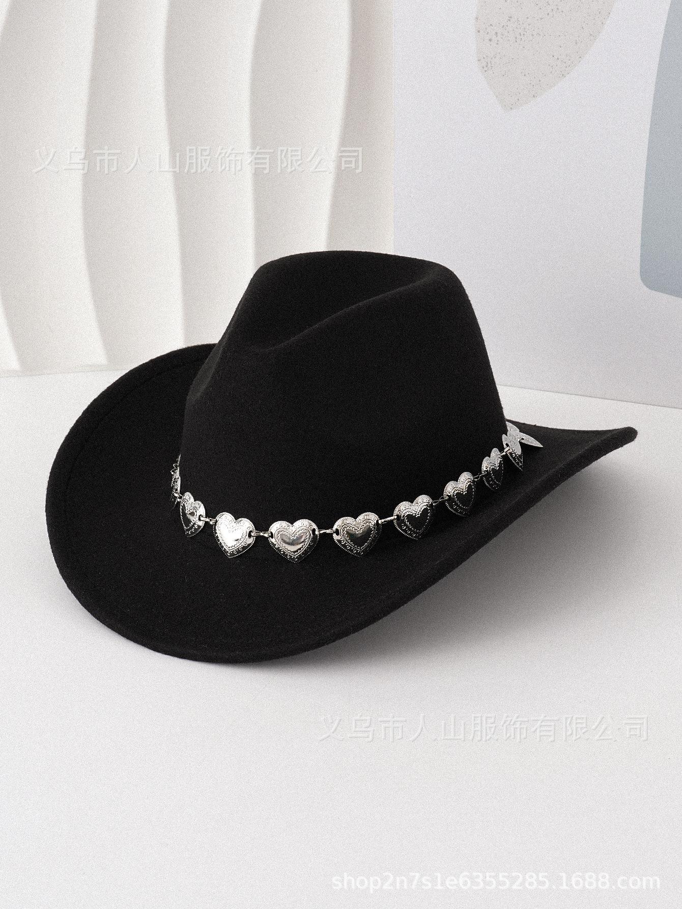 European and American cross-border hollow metal oversized love chain hat chain hip hop punk cowboy hat top hat retro felt hatSpeedy Smarts