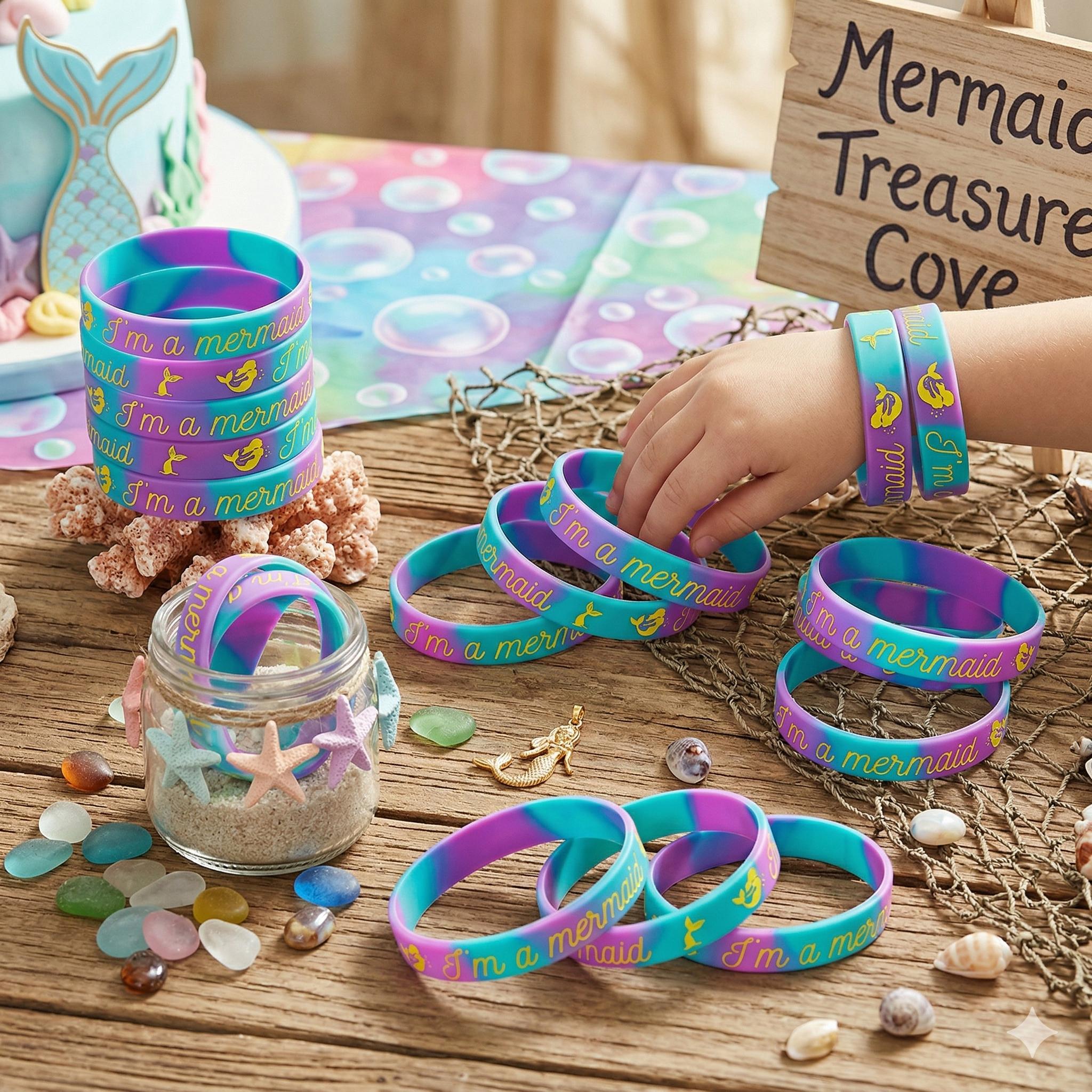 24 Pcs Kids Mermaid Silicone Bracelets, Marble Rubber Bands, Ocean Theme Party Gifts, Birthday Favors, Classroom Rewards