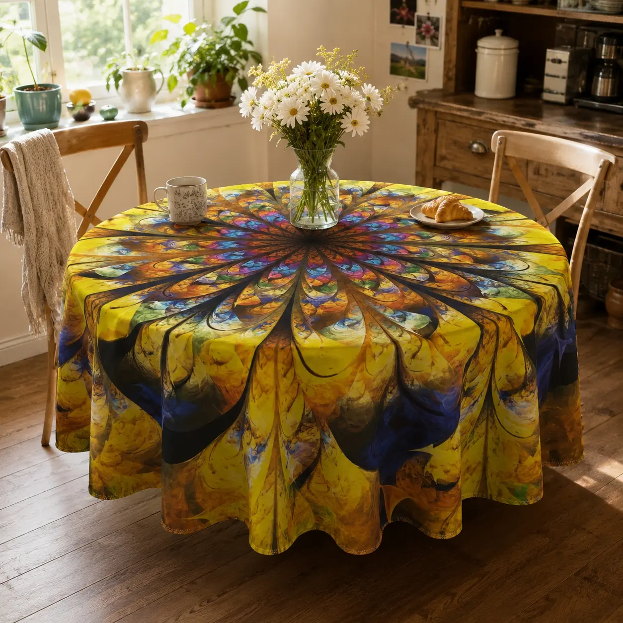 Sunburst Mandala Round Polyester Tablecloth - Spring & Summer Colorful Boho Floral Table Cover for Kitchen Dining, Birthday Parties, Festive Decor