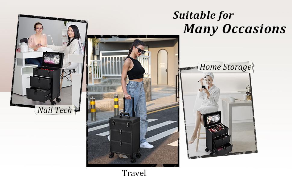 Joligrace Rolling Makeup Train Case Professional Cosmetic Trolley Nail Polish Organizer with 2 Large Drawers, Makeup Pouch for Artists Nail Technician Salon Cart Trunk Black