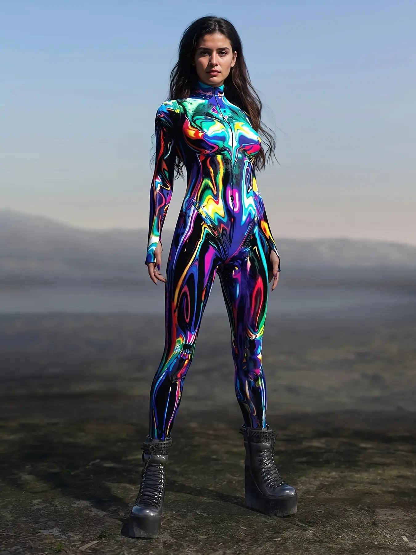 Laser Color Liquid Metal Bodysuit, High Neck Zipper Full Coverage Shiny Bodysuit, Edm Festival Nightclub Costume, Halloween Cosplay