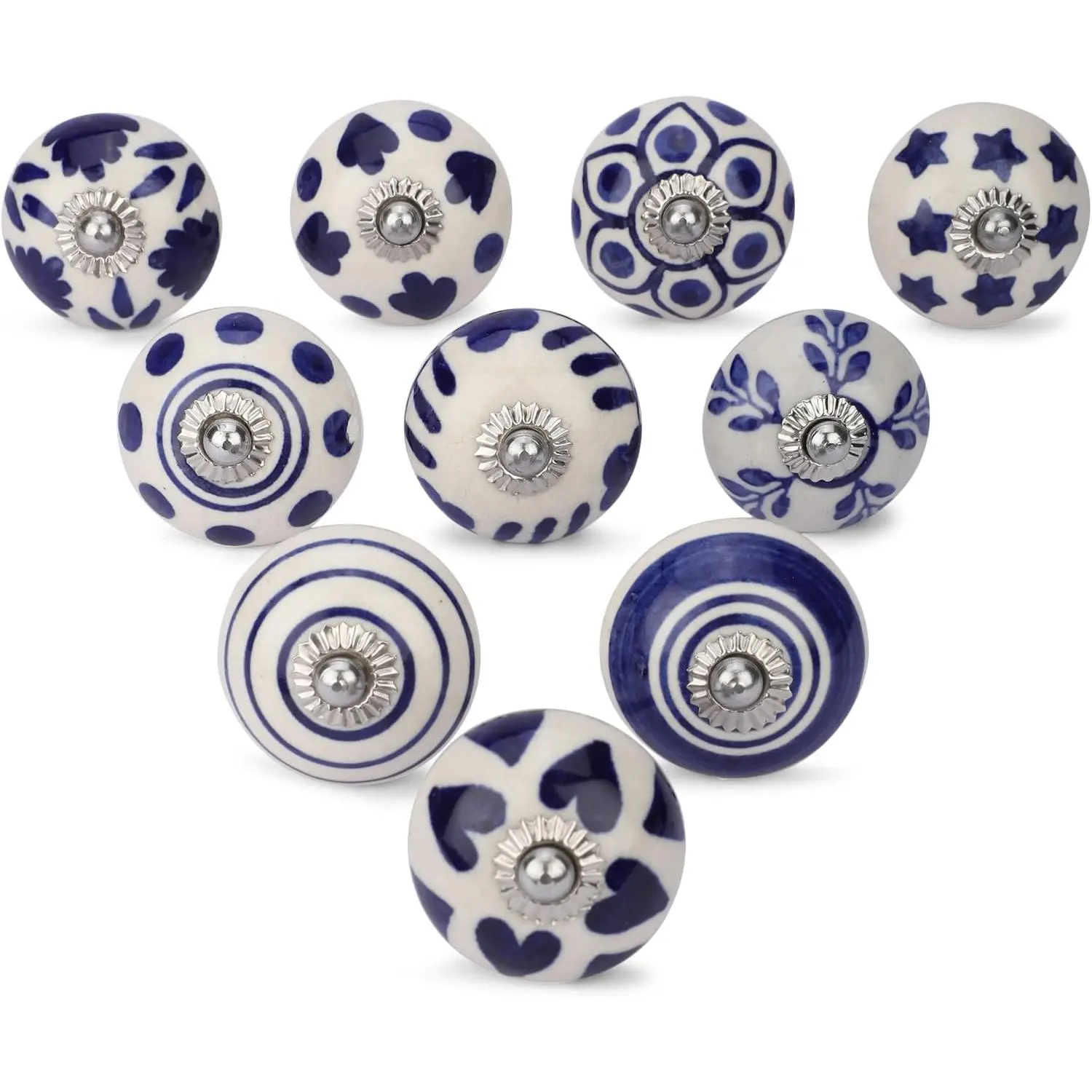 Blue White Ceramic Cabinet Knobs Set 10, Hand Painted Knob 1.5 Inch | Decorative Floral Drawer Pull Handles for Kitchen Cupboard Bathroom  Dresser Furniture Backplate Screws Included 38mm