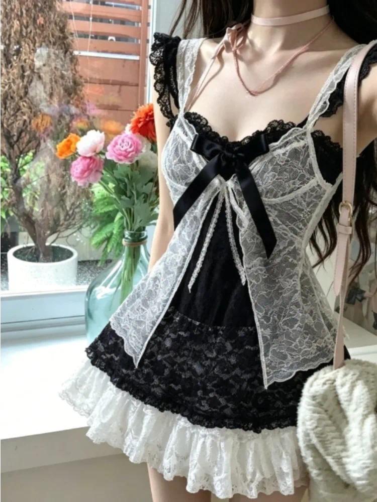 French Elegant Kawaii Aesthetic Lolita Dress Women Retro Japanese Style Ruffle Cake Bow Bandage Slim Y2K Outfit Trend Fashion