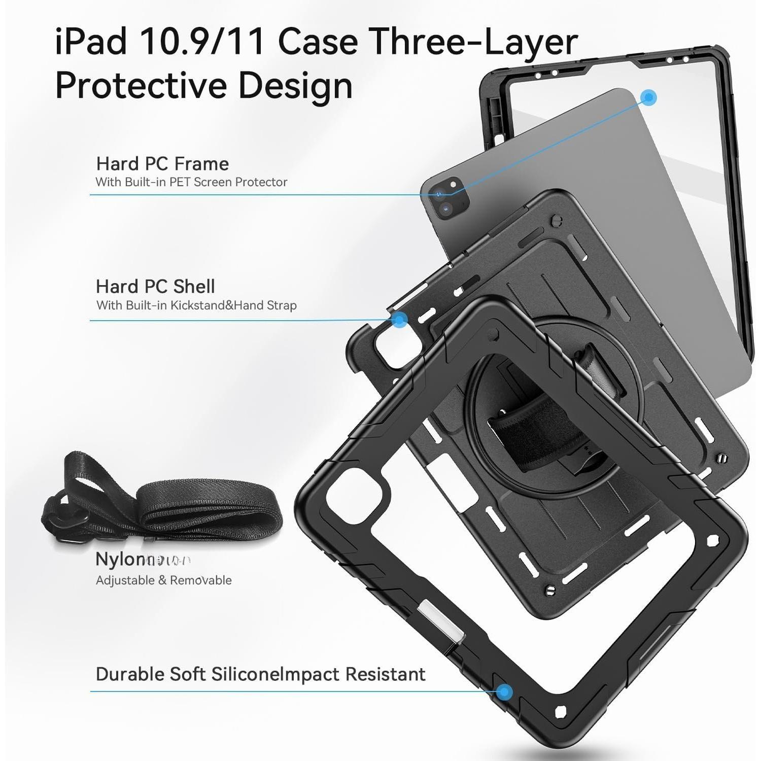 iPad Pro 11 inch Case 4th/3rd/2nd/1st Gen 2022/2021/2020/2018, Heavy-Duty Rotating Stand Protective Cover + Pencil Holder, with Hand Strap/ Straps Case for iPad Pro 11-inch, Black