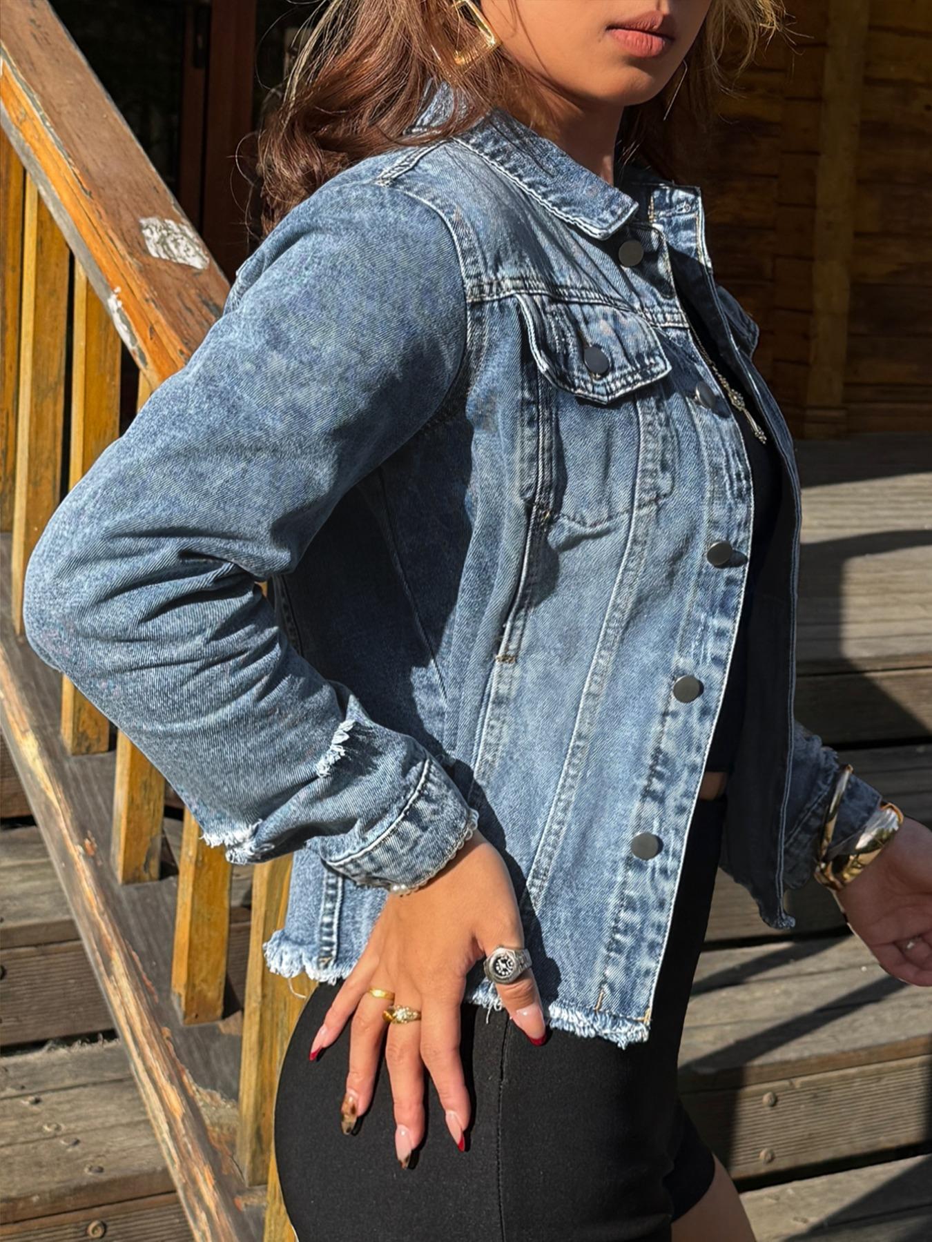 【Plus Size】 Solid Ripped Button Front Denim Jacket, Casual Long Sleeve Pocket Outerwear for Summer, Women's Clothes for Daily Wear