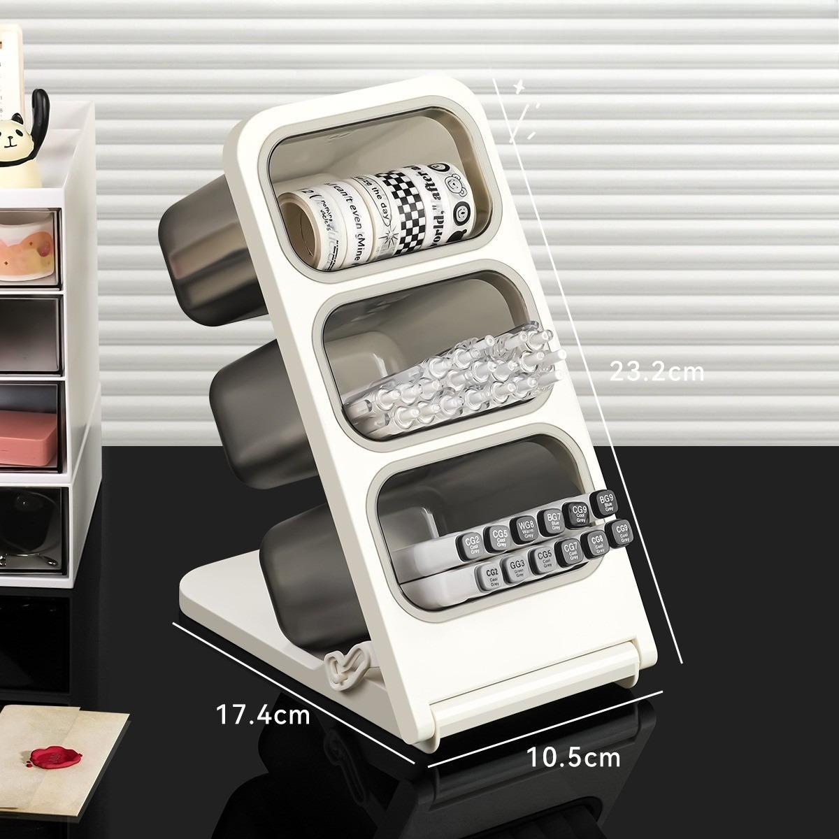 1pc Tilted Pen Holder - 3-Tier Desktop Storage Box with Easy Access Slots, Large Capacity Organizer for Markers, Pens & Supplies. Aesthetic Desk Accessory for Students, Home Office, Vanity & Study. Great Gift for Back to School, Birthdays & Holidays.