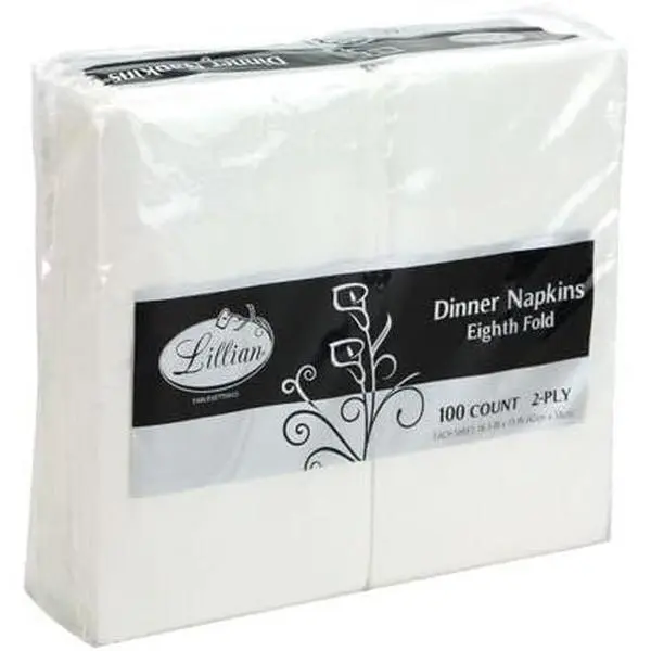 White Napkins, 1/8 Fold Dinner Napkin, Disposable 2-Ply White Party Napkins, Value Pack 100 Count