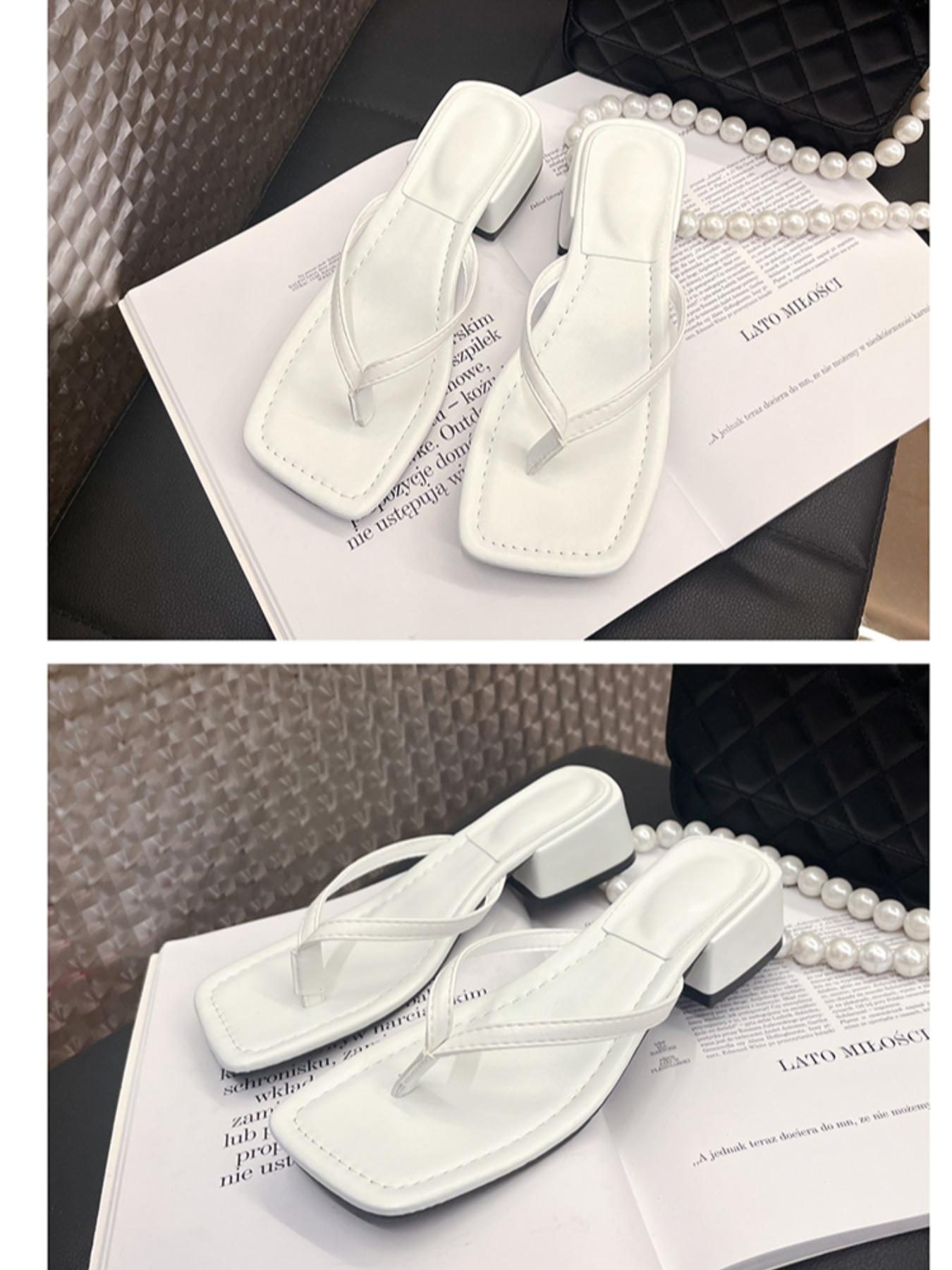 WWomen's Square Toe Block Heel Thong Sandals, Elegant Summer Slip On Shoes for Beach Work Daily Wear