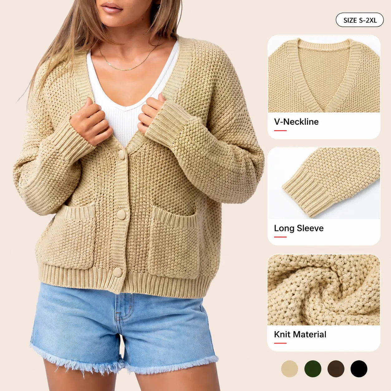 Imily Bela V Neck Chunky Oversized Knit Cardigan Women Long Sleeve Pocket Button Ribbed Hemlines Loose Cropped Sweater