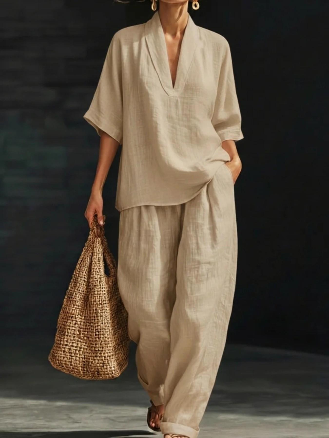 French Linen V-Neck Set for Women, Summer Loose Five-Finger Sleeve Wide Leg Pants, Lazy Style Vacation Casual Two-Piece Set Womenswear