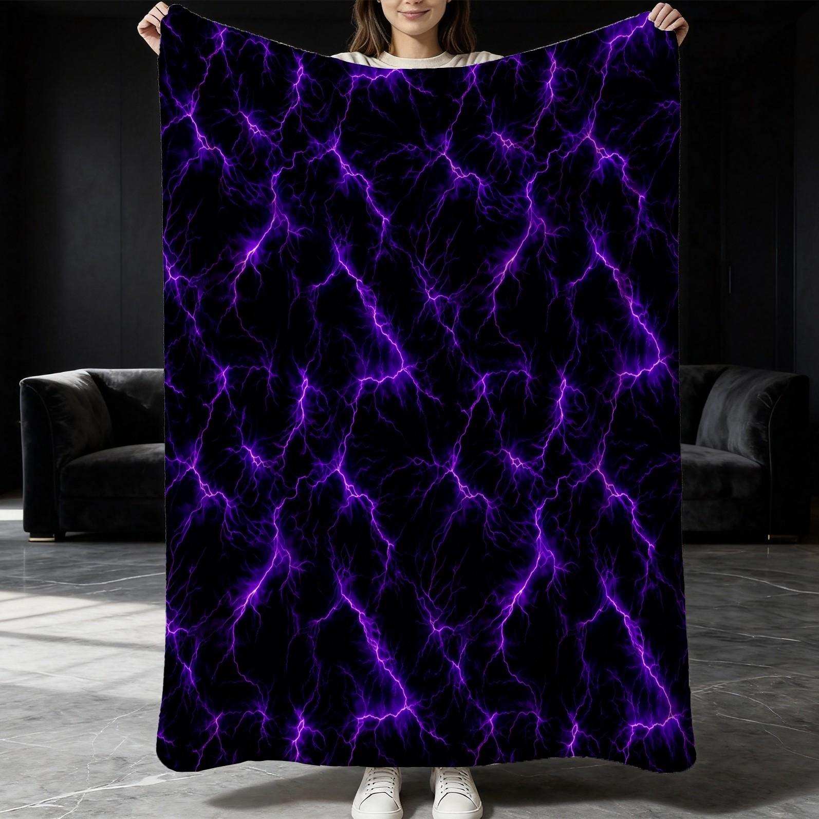 Purple Lightning Flannel Blanket, Single-Side Printed, Cool & Trendy Neon Style, Soft & Skin-Friendly, Multi-Use Throw for Sofa, Bed, Camping & Travel, All-Season, Perfect Gift Option