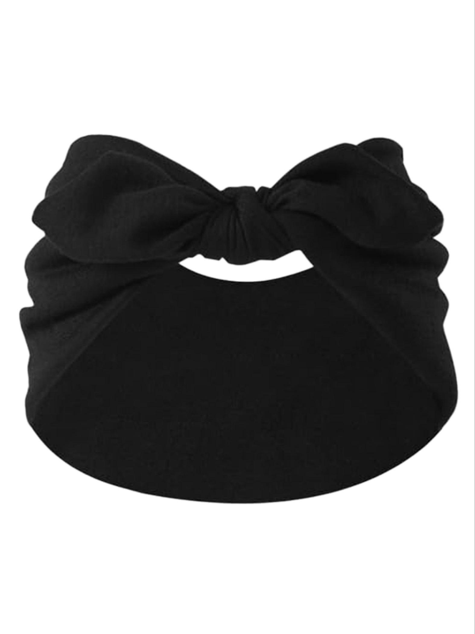Women's Wide Bowknot Headband Set, Ribbed Elastic Turban Wraps in Solid Colors, Non-Slip Fashion Accessory for Yoga & Workout, Black Headband, Stretchy Headbands