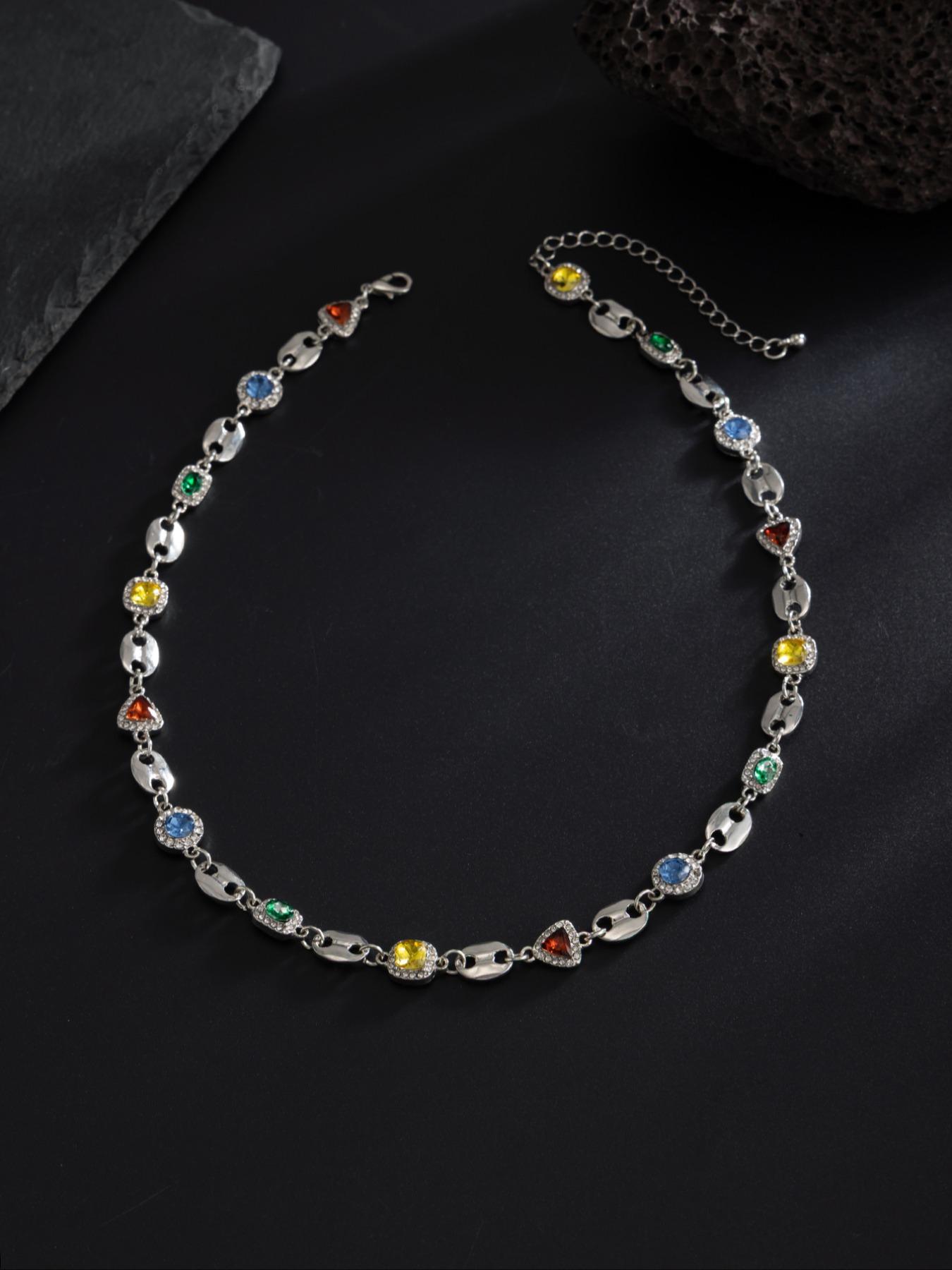 Men's Colorful Gemstone Necklace with Rhinestones, Elegant Rhinestone Necklace, Casual Jewelry for Daily Wear, Party & Holiday Accessories