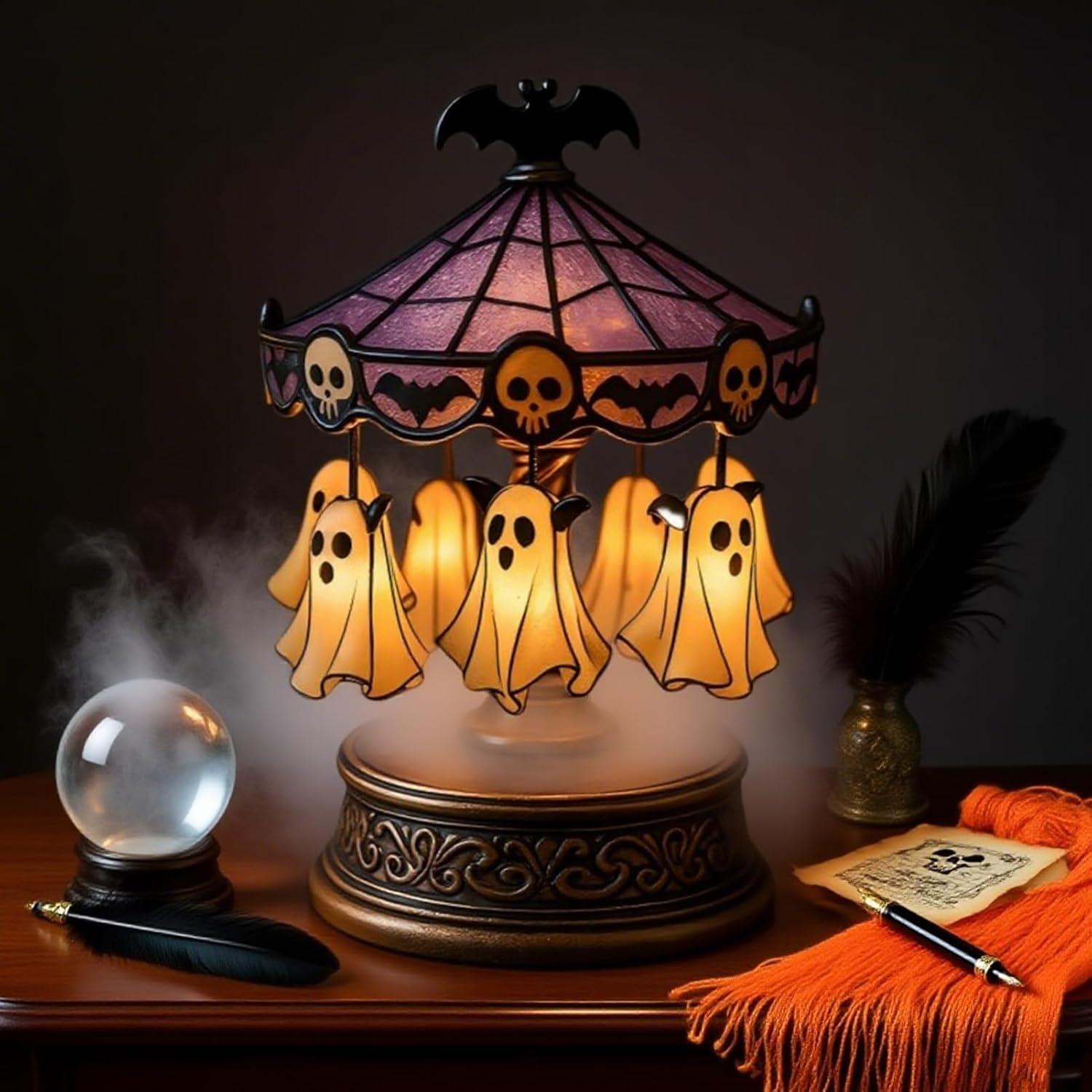 Cute Halloween Ghost Carousel Night Light, Antique Stained Glass, Vintage Carousel Decor, Indoor Home Party Kitchen Table