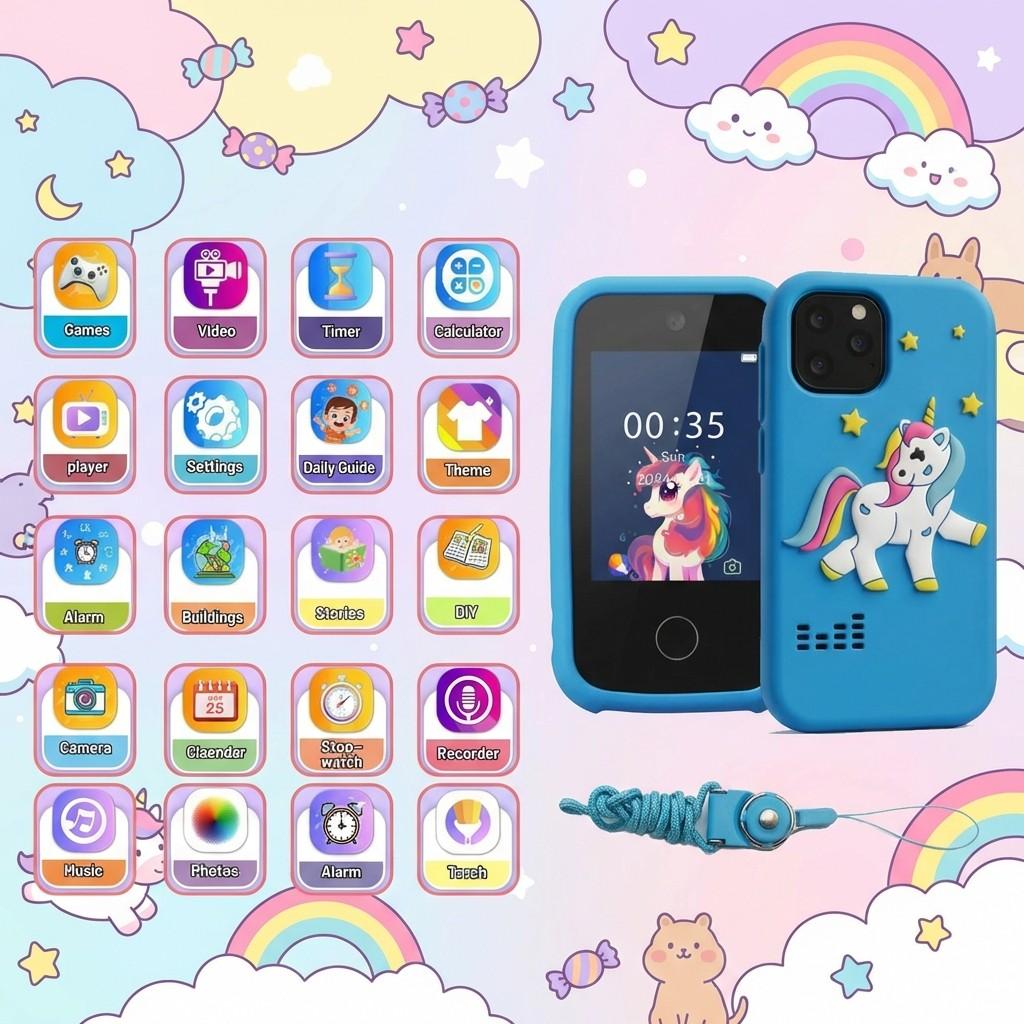 KGG Cute Cartoon Kids Mini Phone, Fun Educational Learning Toy with English Words, Puzzle Games, Music, Video, Camera, Recorder, Alarm, Flashlight, Calendar, Calculator & 12 Habit Trackers. Multifunctional Smart Electronic Toy for Students.