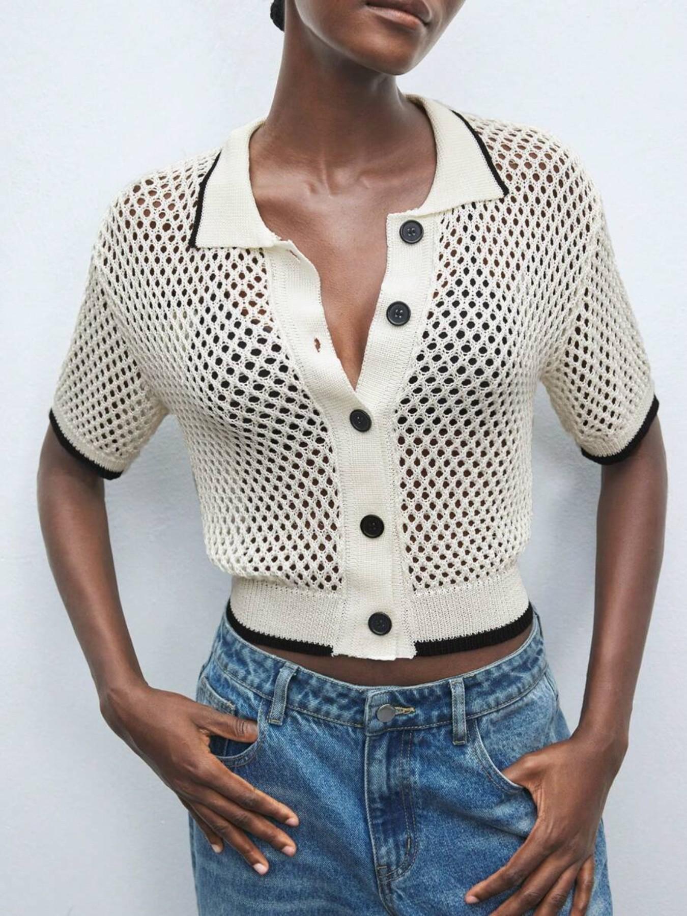 New Hollow-Out Knitwear, Women's Color-Block Short Sleeve Sweater, Elegant and Comfortable Polo Neck Top, Versatile Casual Wear