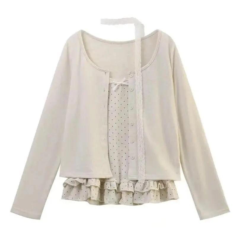 Ladies Korean Trendy Coquette Shoujo Girl Ballet Core Top Set 2000s Aesthetic Long Sleeve Tee Gyaru Vintage Design Outfit