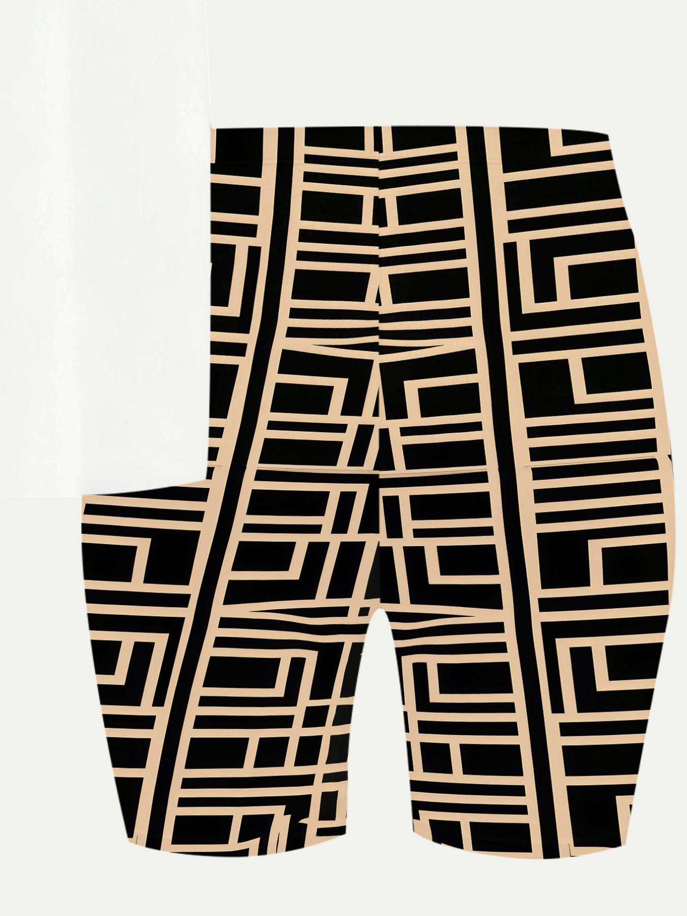 Girls Geometric Stripe Bear Print Short Sleeve Set Summer Trendy Kids Casual Biker Shorts 2Pcs