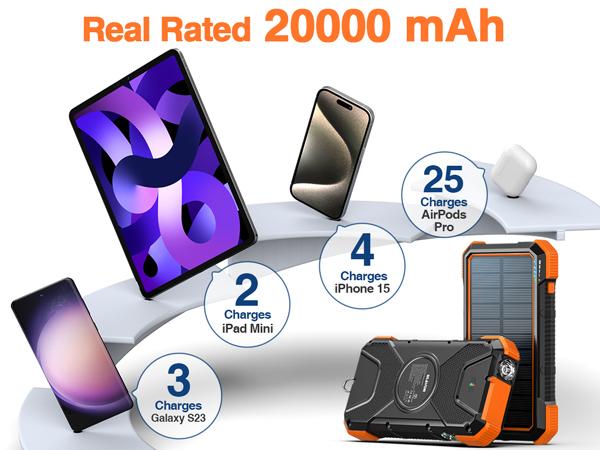 BLAVOR Solar Power Bank QC3.0 Fast Charging 10W Wireless Charger 20000mAh Solar Powered Powerbank with Type C Input/Output, IPX5 Waterproof, Camping Flashlight, Compass, Carabiner