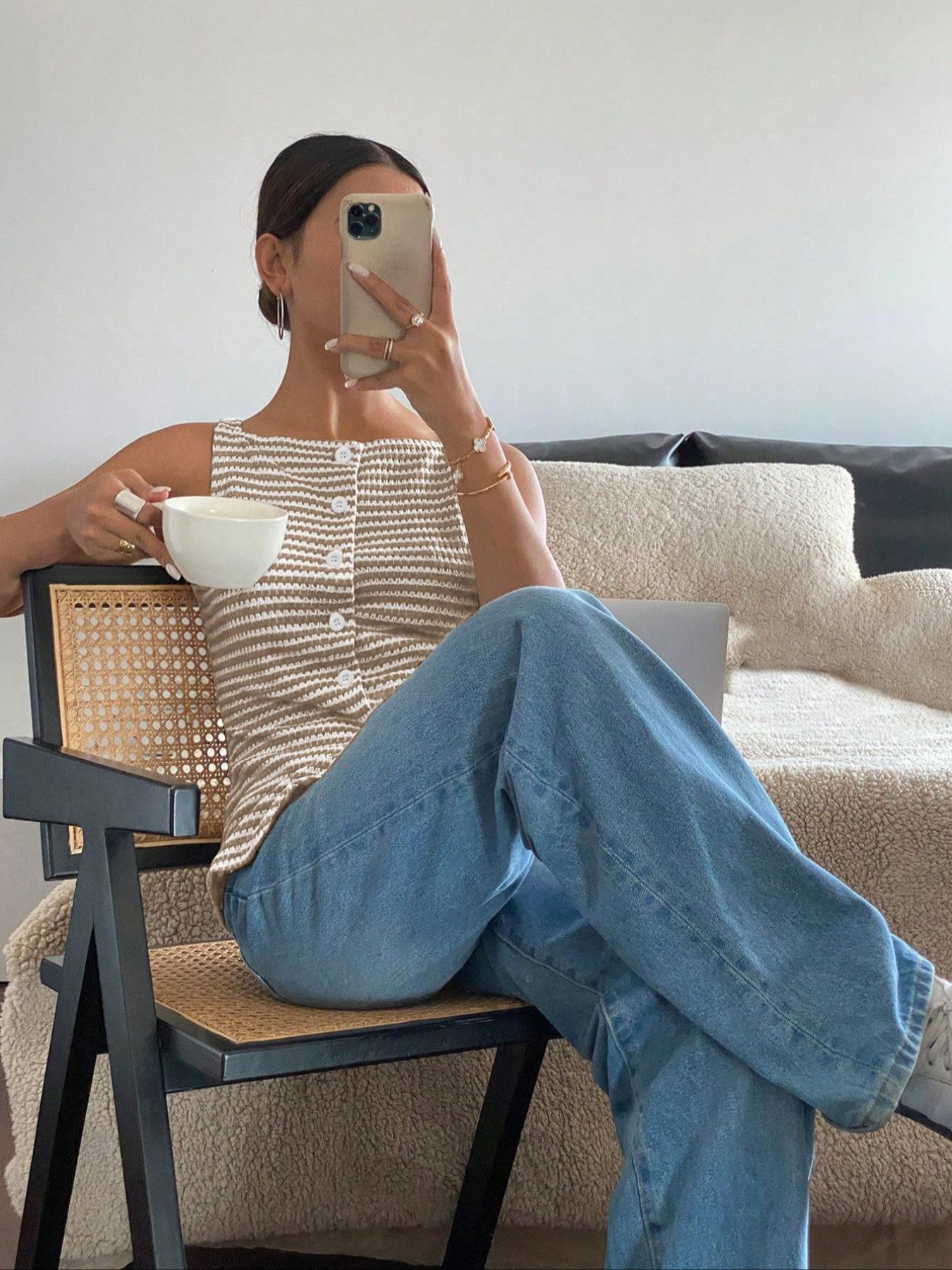 Women's Button Stripe Vest Jacket, Elegant Casual Fitted Sleeveless Top for Daily Wear, Ladies Clothes for Summer