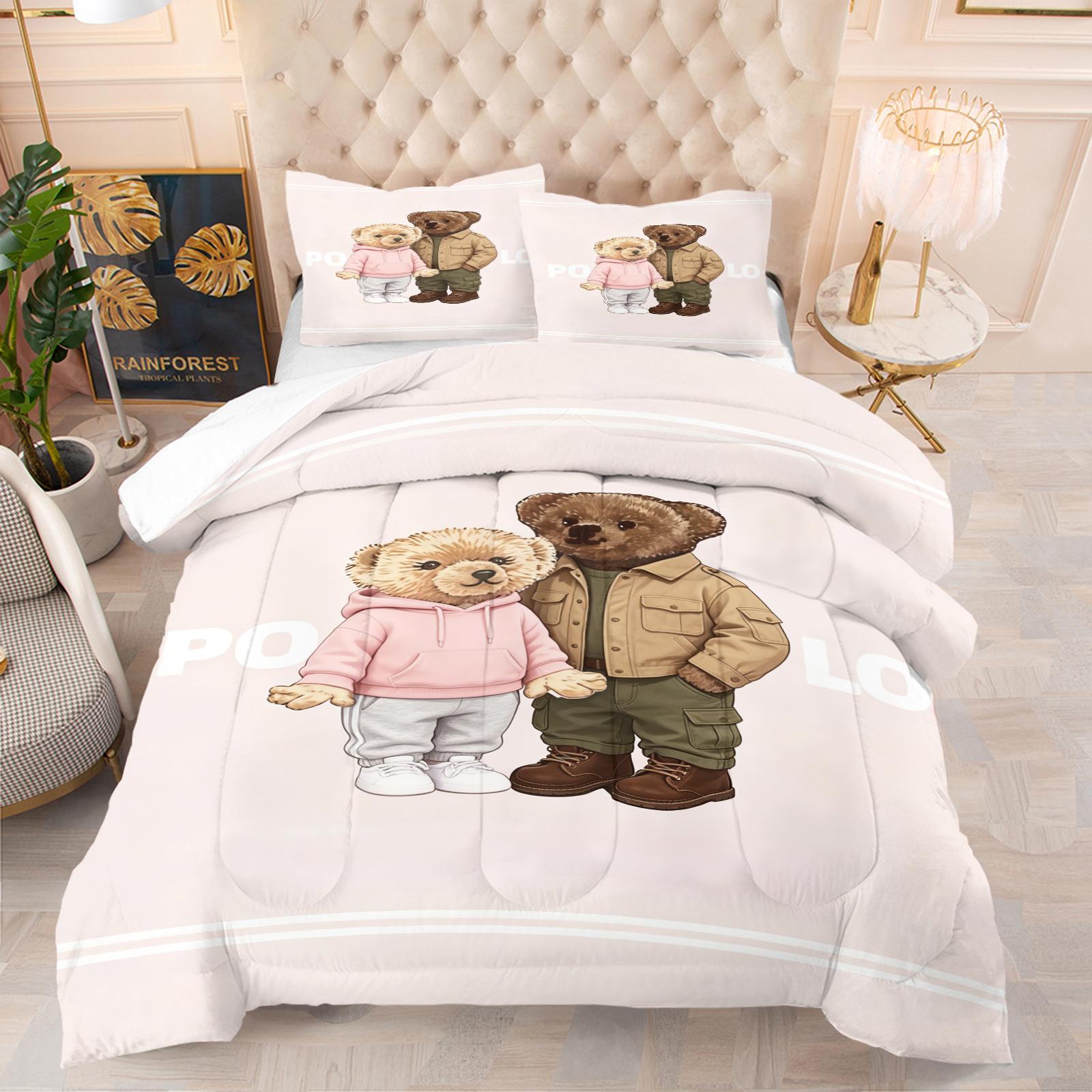 A set of small bear print bedding, including 1 quilt and 1 or 2 pillowcases without pillow inserts, soft bedroom decor gifts for children and adults
