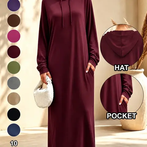 Women's New Loose Hooded Dress, Elegant Plain Casual Style, Simple Fashion Long Dress, Daily Leisure Home