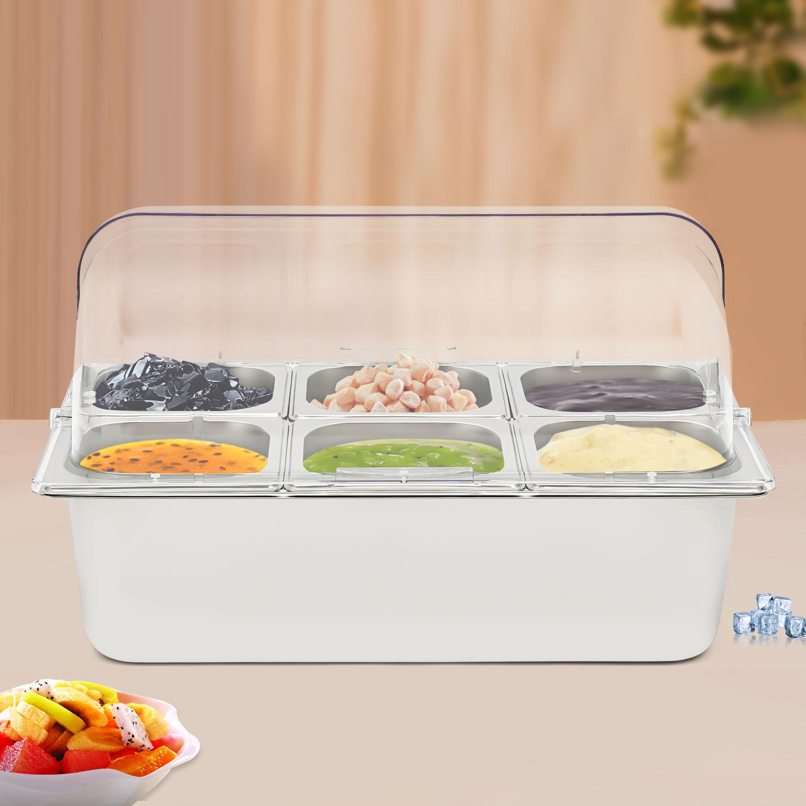 Stainless Steel & PC Ice Food Serving Display Tray with Clear Roll Top Cover - 6 Pans, Hot & Cold Serving, Ideal for Buffets and Parties