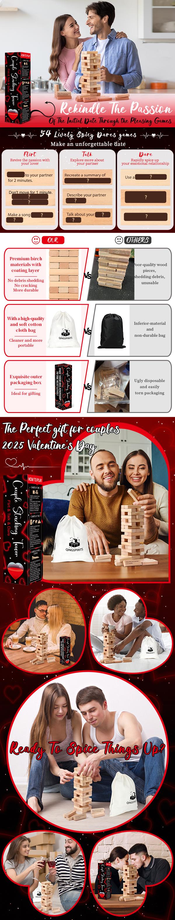 Qingspirits Wooden Tumble Tower Game for Date Night, 54pcs Exciting Stacking Blocks for Grown Ups Romantic Anniversary Valentines Gift Talking Flirting Challenge Spicy Dare Game for Couples
