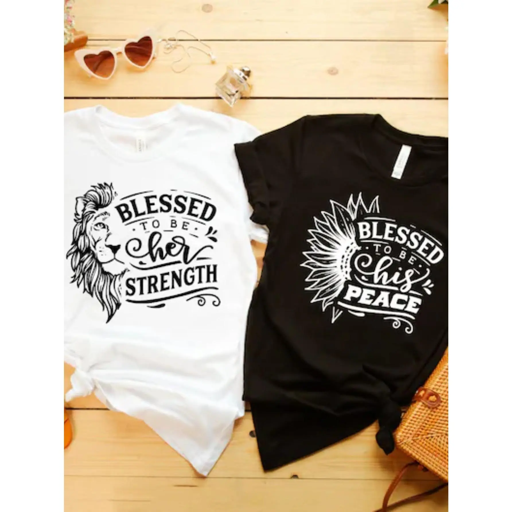 1pc Blessed Couple Shirt, Blessed to Be Her Strength, Blessed to Be His Peace Shirts, Matching Couple Shirt, Wife And Husband Matching Shirt, Husband Wife Shirts, Best Gifts for Wives And Husbands for Christmas