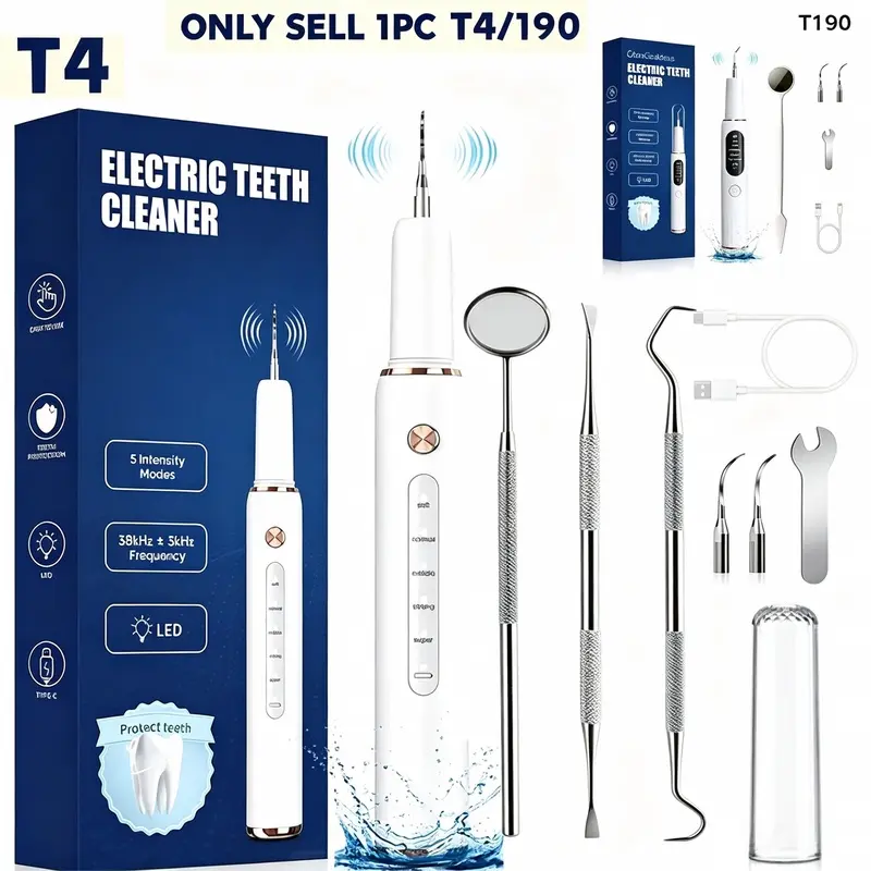 Electric Dental Tartar Cleaner Set, 1 Set Teeth Cleaner with 3 Replaceable Brush Heads & 3 Manual Auxiliary Cleaning Tools & 1 Mini Wrench, Oral Care Product