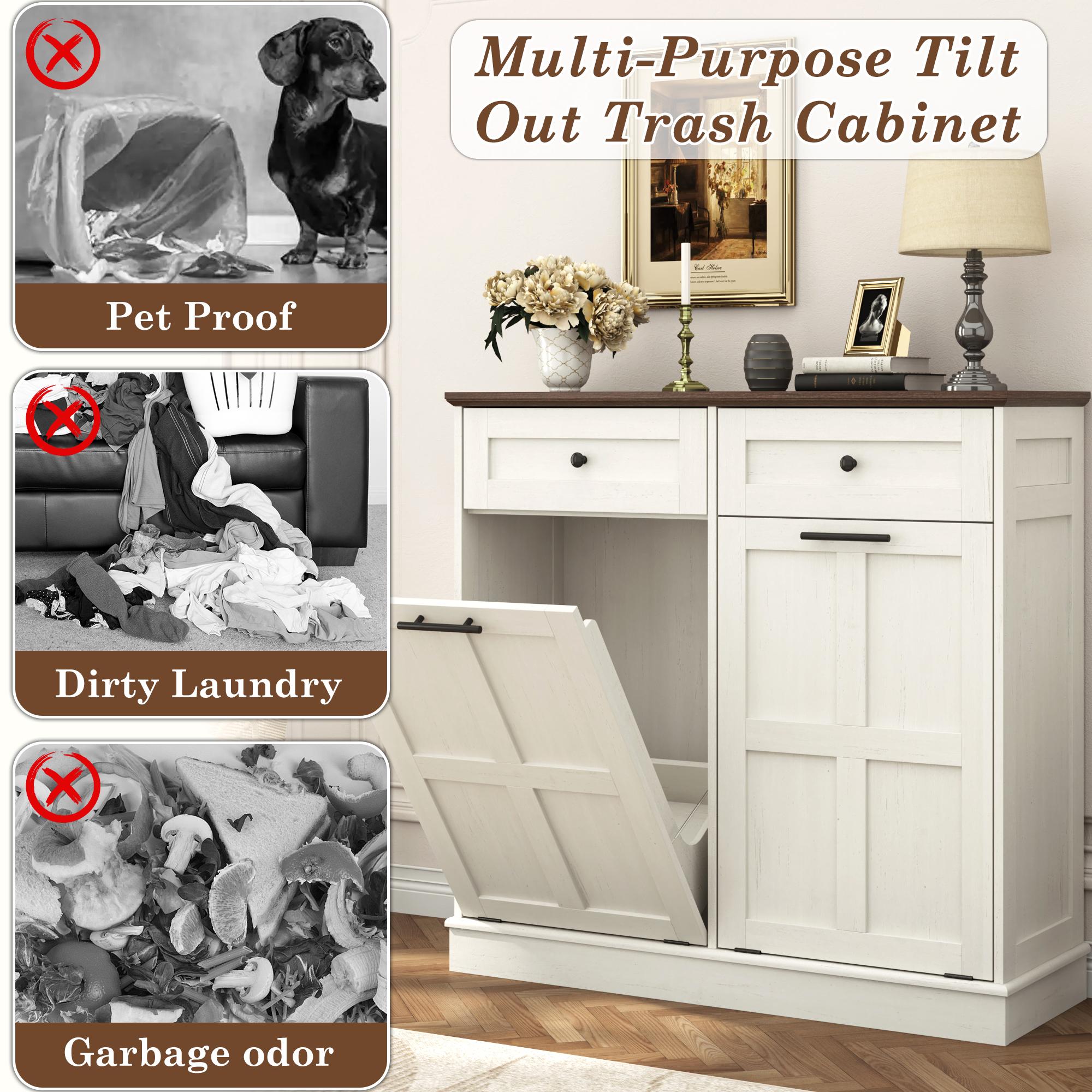 Trash Can Cabinet, 10 Gallons / 20 Gallons Farmhouse Hidden Wood Garbage Can Bin Cabinet with Drawers, Tilt Out Laundry Hamper with Laundry Storage Basket for Bathroom, Kitchen, Brown/Antique White/Dark Grey