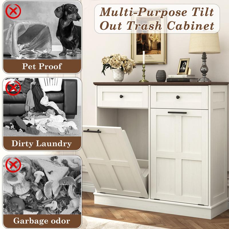 Trash Can Cabinet, 10 Gallons / 20 Gallons Farmhouse Hidden Wood Garbage Can Bin Cabinet with Drawers, Tilt Out Laundry Hamper with Laundry Storage Basket for Bathroom, Kitchen, Brown/Antique White