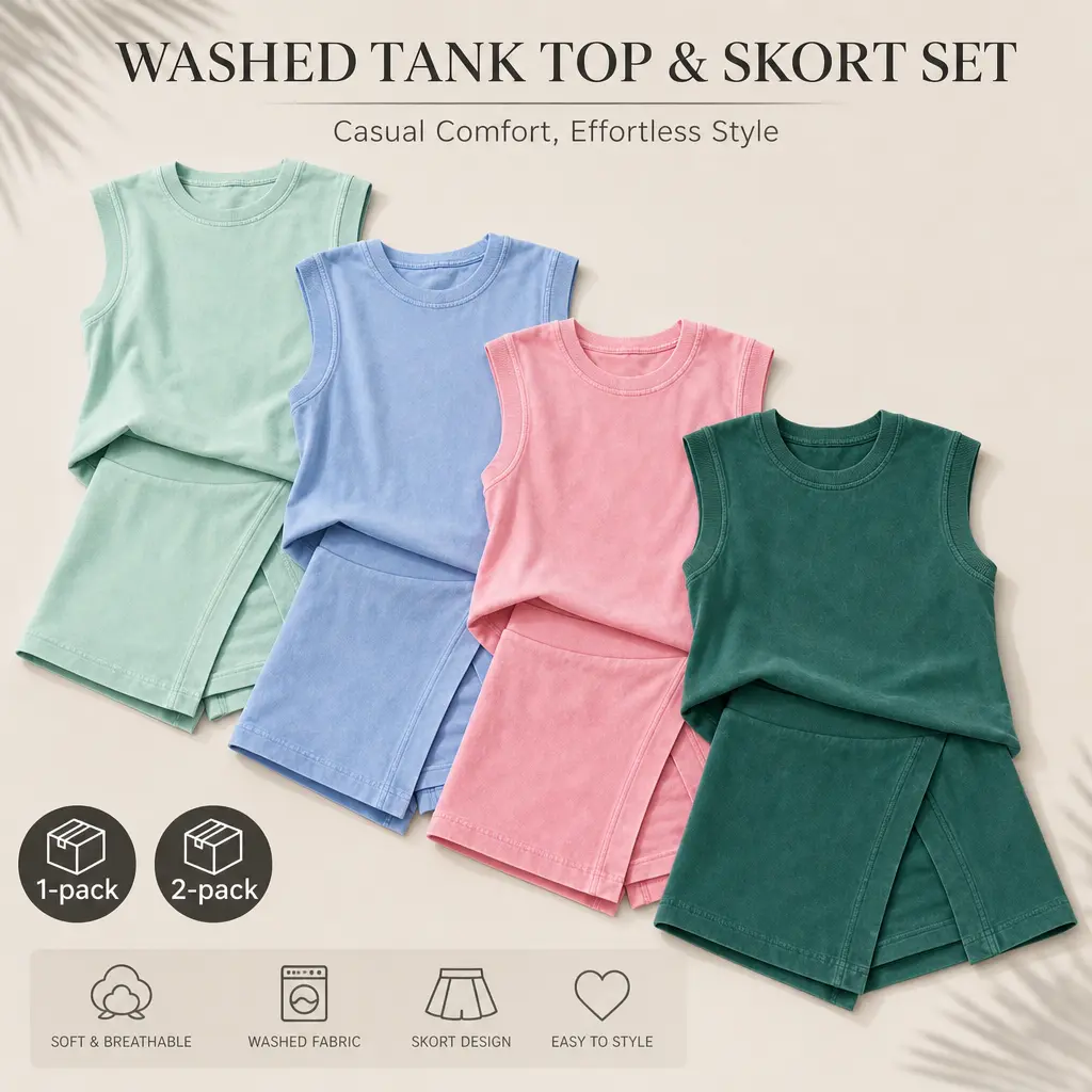 Women Washed Cotton 1‑Pack / 2‑Pack Sleeveless 2‑Piece Outfit, Casual Tank Top & Wrap Skort Set, Relaxed Fit Summer Loungewear For Daily Vacation