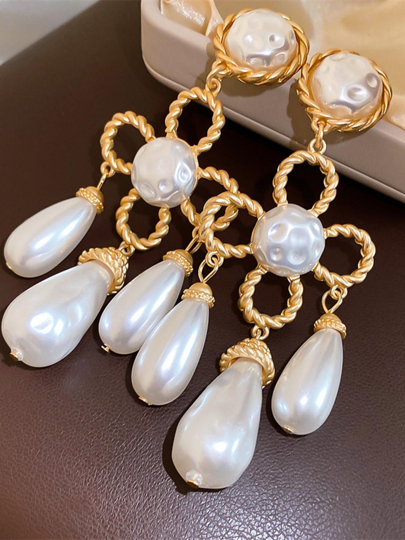 Vintage Irregular Imitation Pearl Teardrop Earrings for Women, Casual Style, All Seasons, Zinc Alloy Chain, Wedding & Daily Wear
