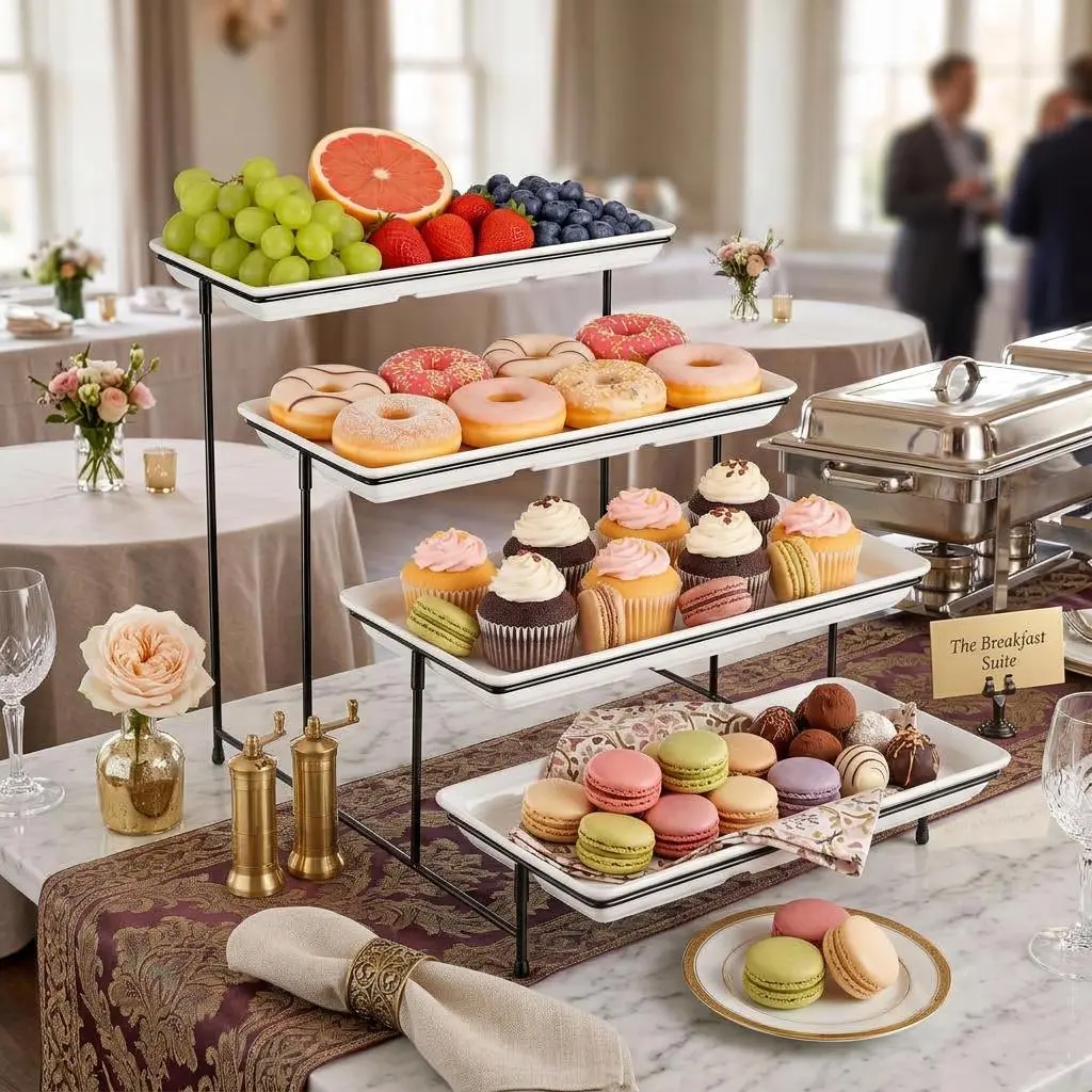 IdealHouse 4-Tier Melamine Cake & Dessert Stand Set - Smooth, Lightweight, Durable Large Rectangular Food Storage Tray with Collapsible Detachable Black Metal Rack - Easy Assembly & Cleaning, Ideal for Kitchen, Parties