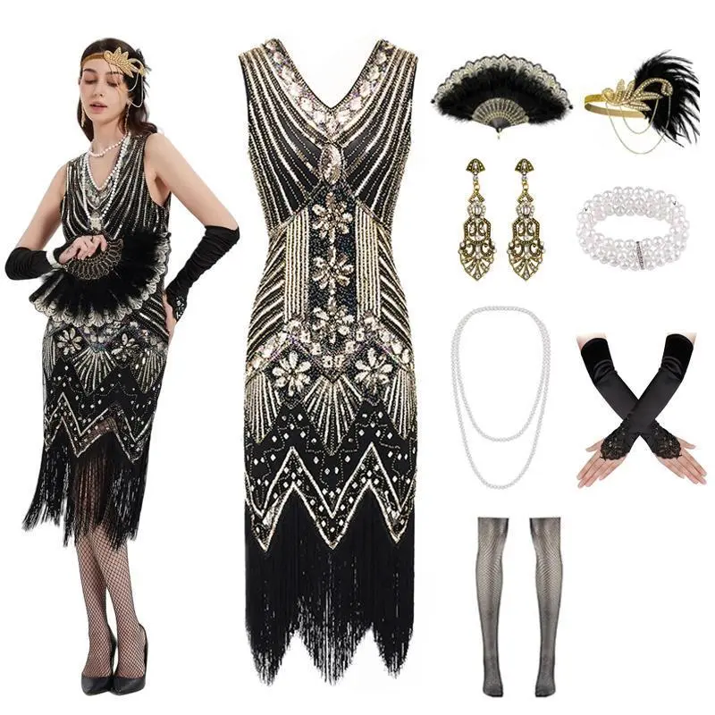 1920s Flapper Dresses for Women Fringed Sequin Great Gatsby Dress for Women with 20s Accessories Roaring 20s Costume