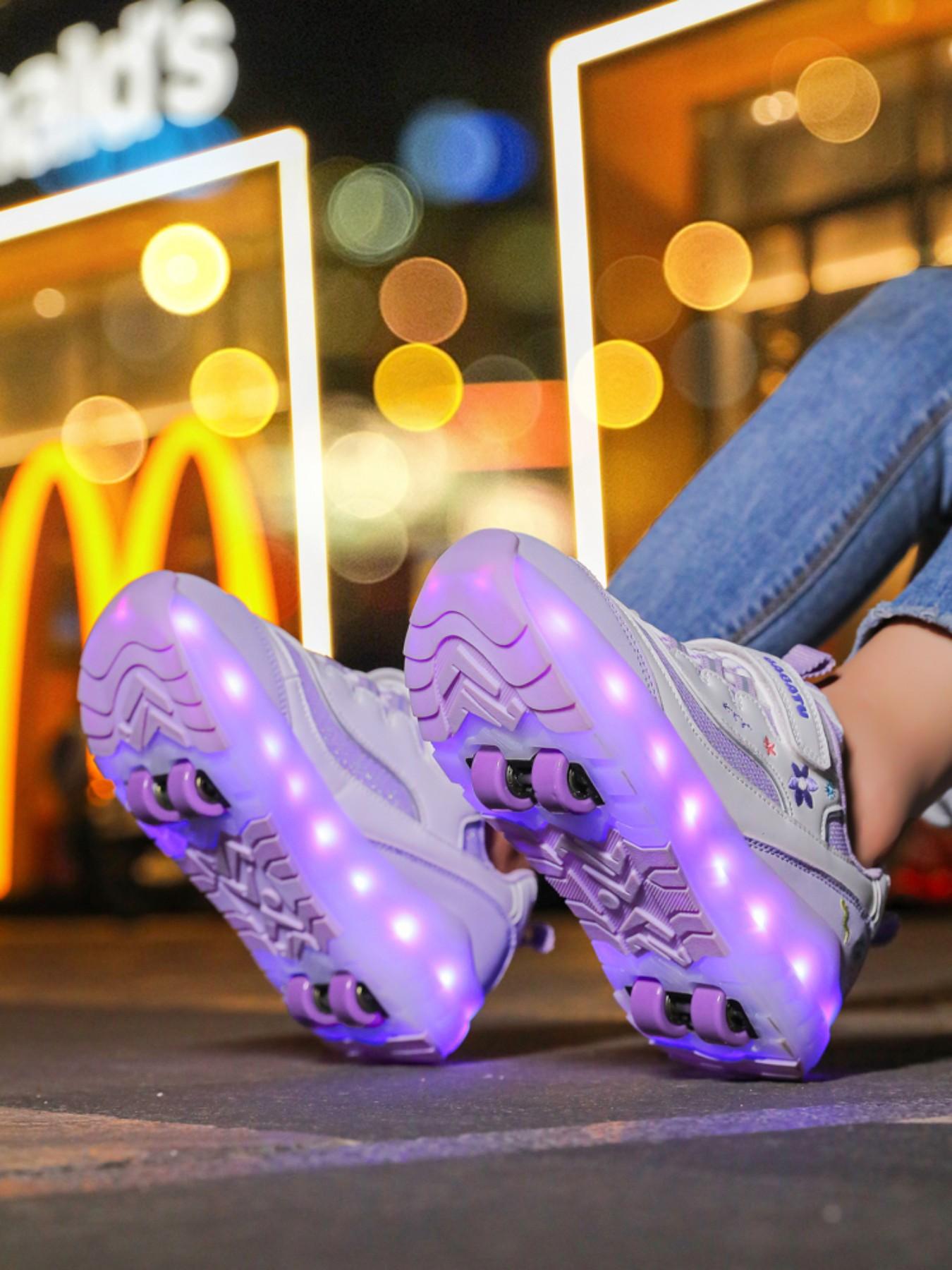 Girls' Four-Wheel Roller Skates, New Wheel Sports Shoes, Adjustable Velcro Skate Shoes, Breathable Mesh, LED Light-Up, USB Charging, Shoes with Wheels
