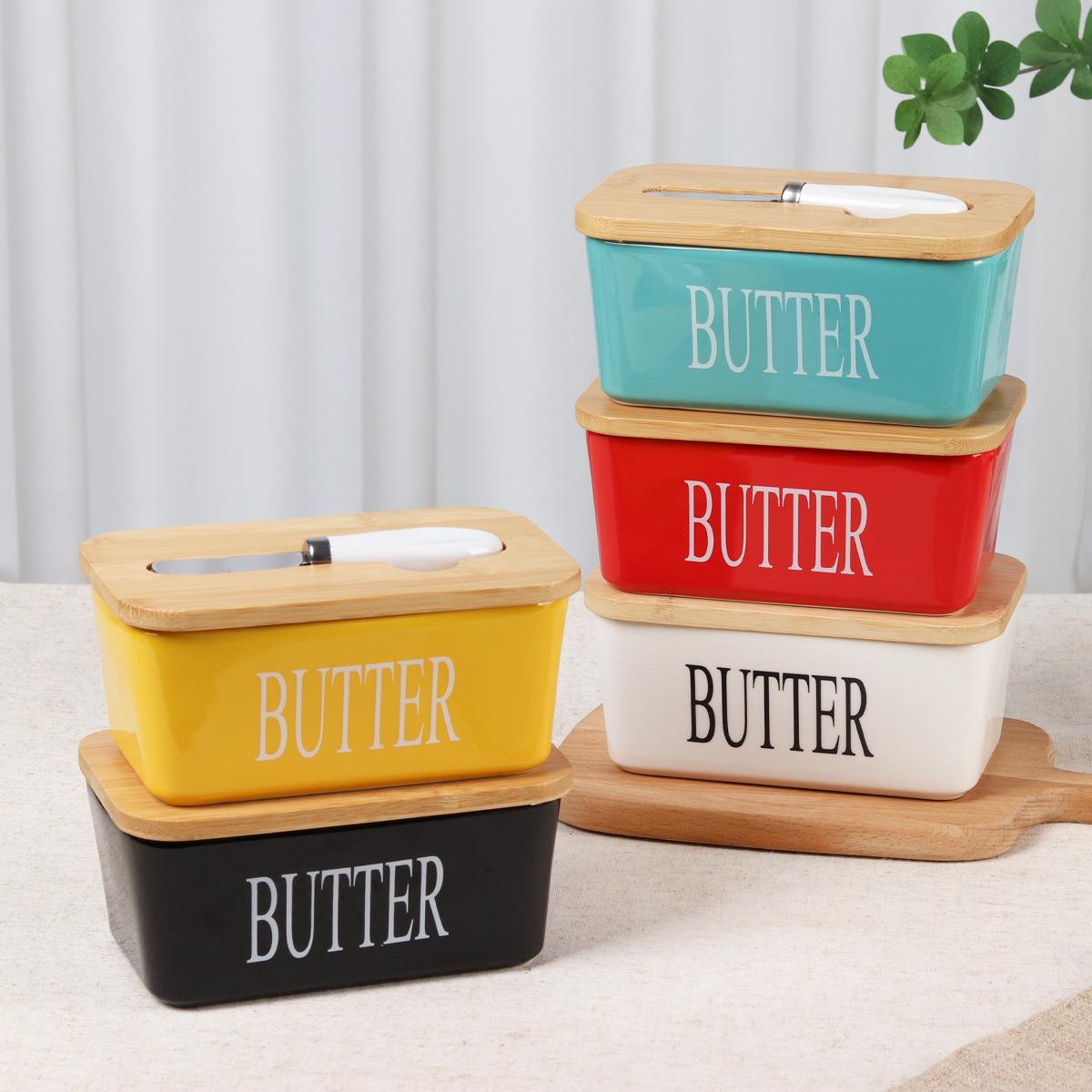 Ceramic Butter Dish with Knife, Rectangular Cheese Container with Wooden Lid, Ceramic Butter Box for Kitchen Use