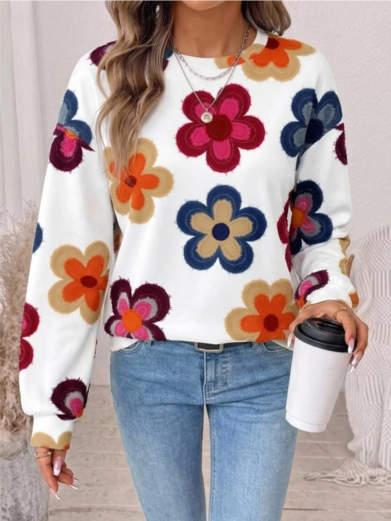 Women's Vintage Floral Print Round Neck Sweatshirt, Loose-Fit Long Sleeve Casual Top, Fall Season Versatile Pullover, Daily Commute Wear