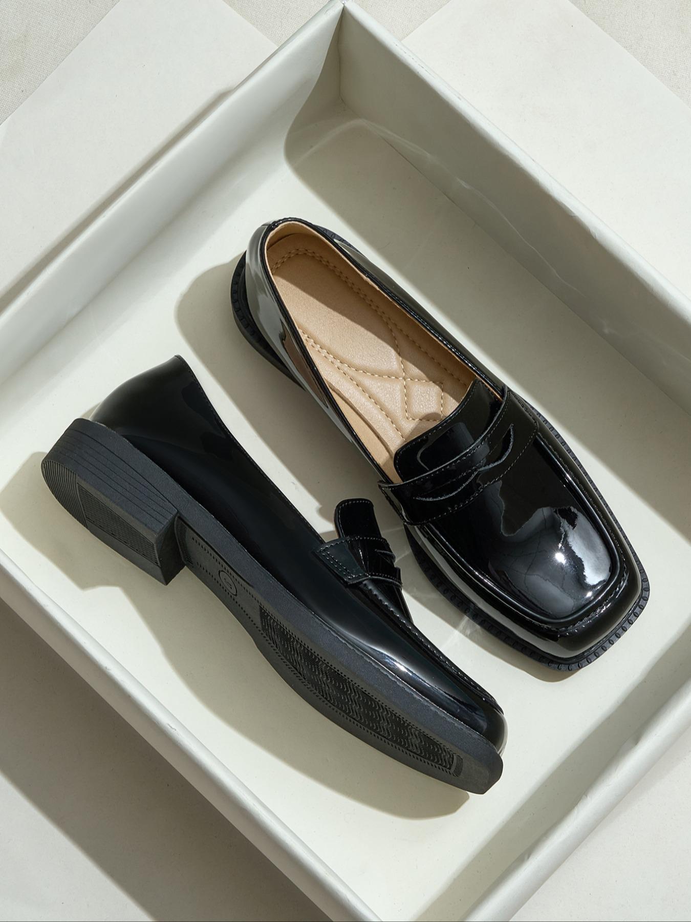 Women's Fashion PU Leather Loafers, Geometric Pattern Slip-On Shoes, Comfortable Mid Heel Fall & Winter Footwear