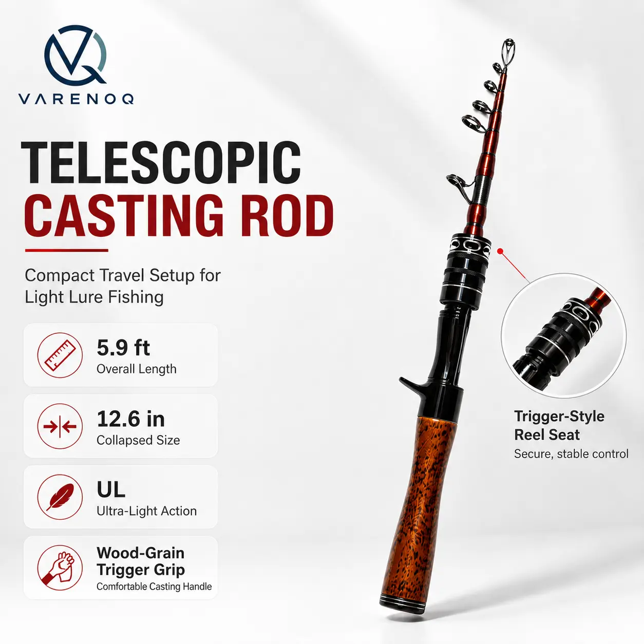 VARENOQ 5.9FT Telescopic Casting Fishing Rod, Ultra Light Travel Baitcasting Rod, 12.6in Collapsed, Wood-Grain Trigger Grip, 5-8g Lure, 2-6lb Line, Portable Freshwater Lure Rod