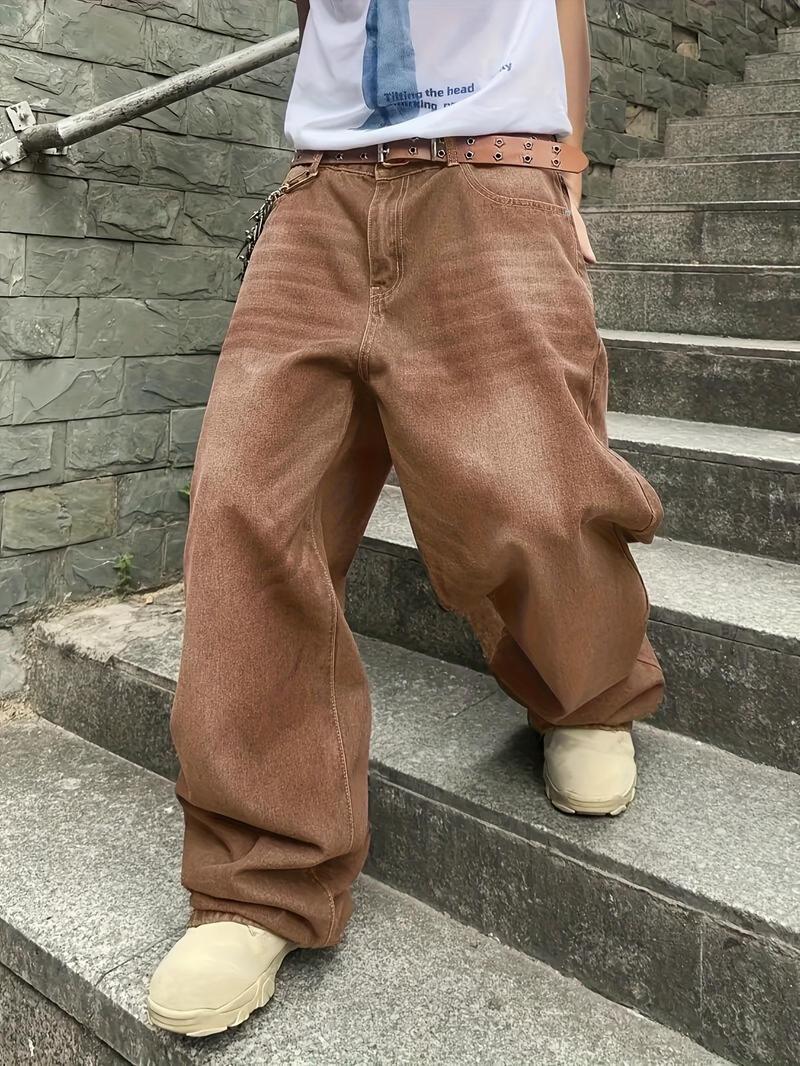 Men's Solid Color Wide-Leg Jeans, Loose, Casual, Stylish and Comfortable Wide-Leg for Daily and Outdoor Wear, Men's Bottoms for All Seasons, Menswear