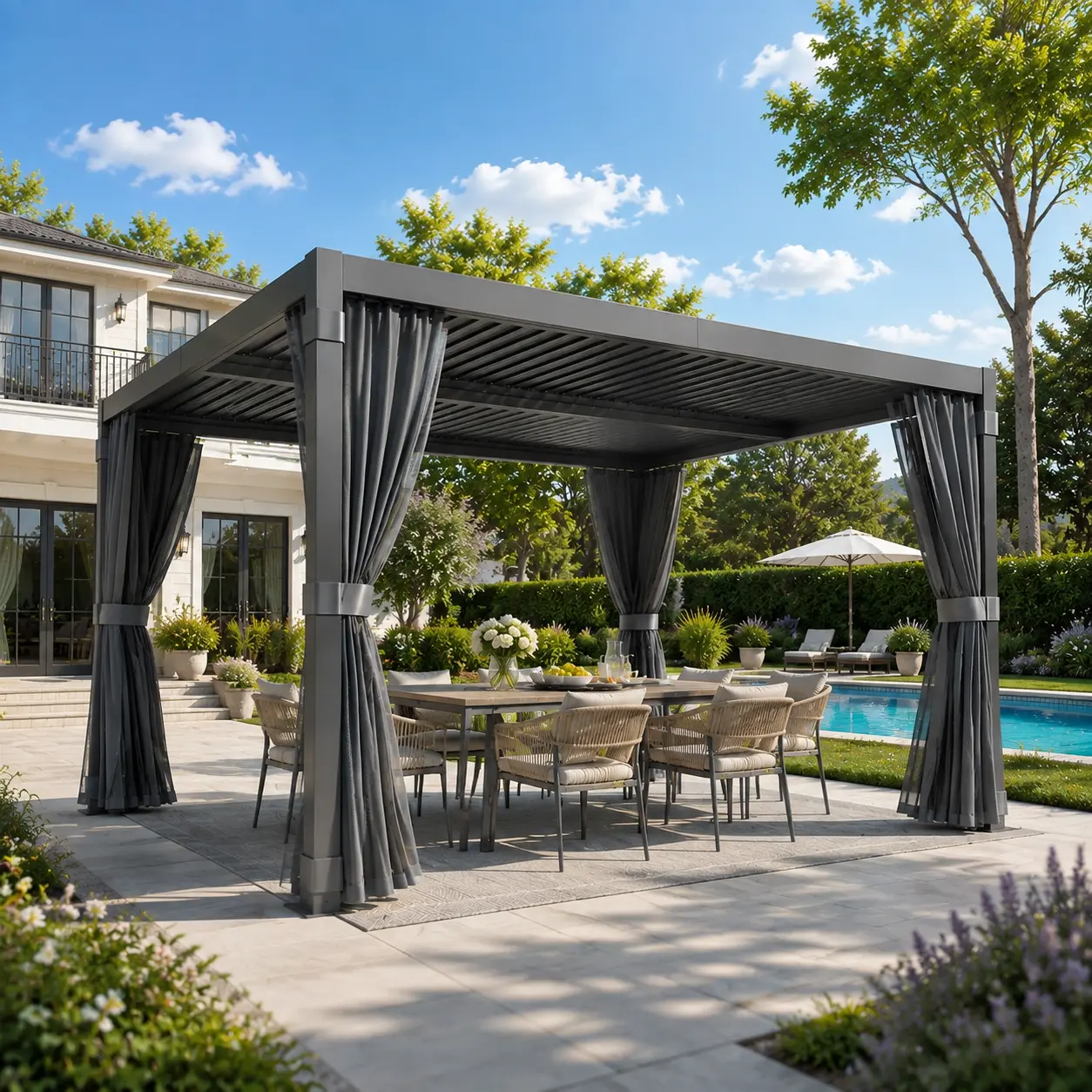 Black Manual Louvered Aluminum Pergola, Adjustable Roof Outdoor Gazebo with Privacy Curtains & Mosquito Net