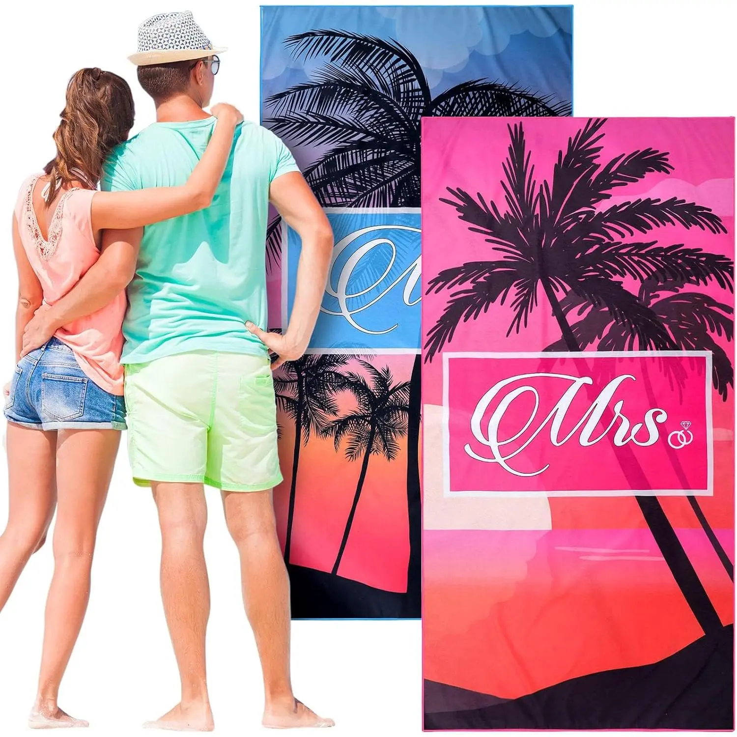 2 Pcs Mr and Mrs Beach Towels Just Married Set,Stylish Style | His Her Design for Bride Groom, Honeymoon Travel Essentials, 70x35 Oversized Tropical Palm, Pool Vacation Anniversary