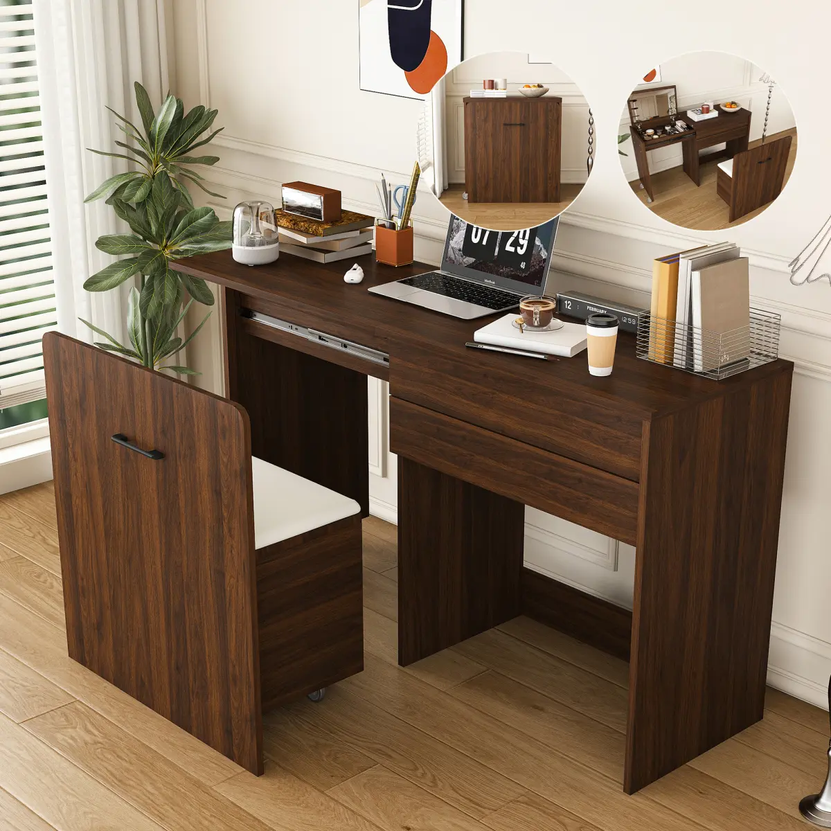 Multi-Functional Extendable Folding Desk Vanity Table Set with HD Mirror, Hidden Cosmetic Storage, Drawers for Bedroom, Storage Stool, Lockable Wheels, Modern Home Decor & Easy Setup for Small Apartments
