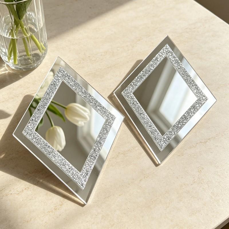 Silver diamond-shaped wall mirror, wall mounted mirror, decorative crystal-studded mirror, suitable for bedrooms, living rooms, and hallways, home decor
